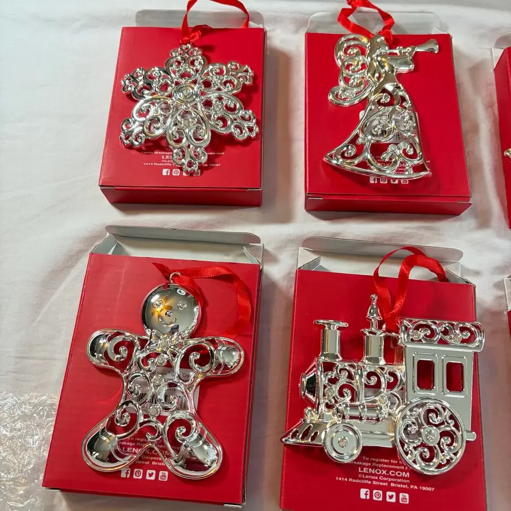 NIB Lenox Sparkle & Scroll crystal silverplate ornaments. Set of 8. Christmas